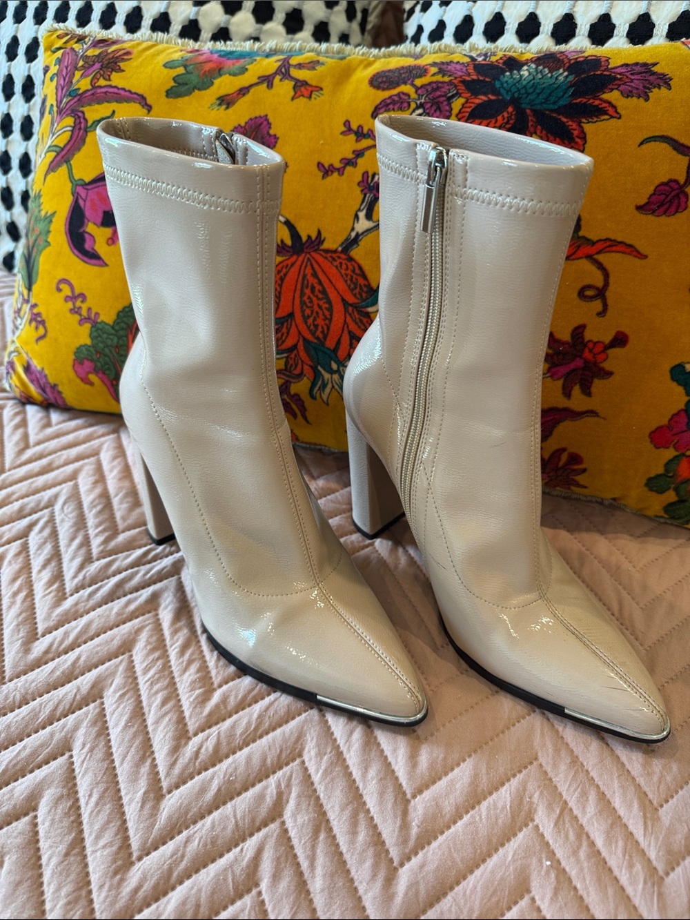 Patent Cream Pointed-Toe Block Heel Ankle Boots